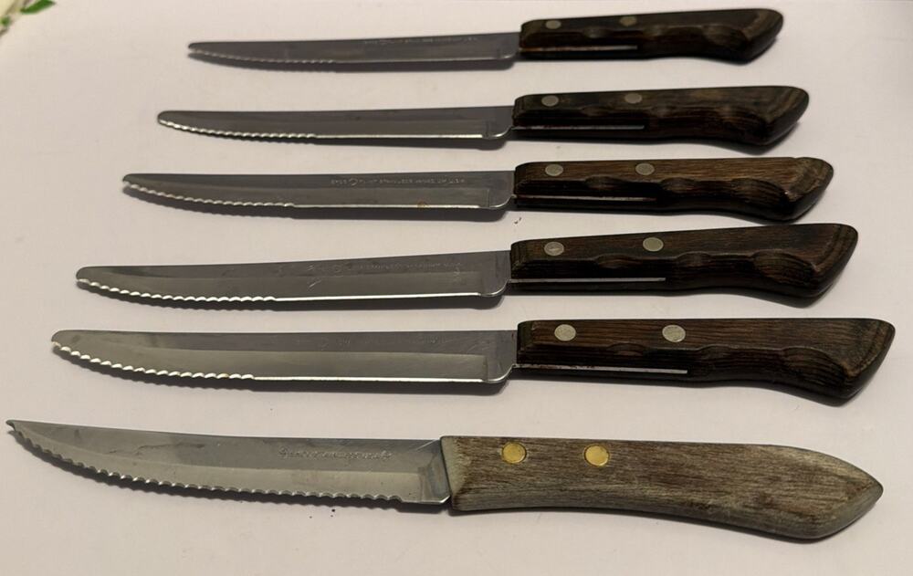 6 Echo Forge Stainless steak Knives Wood Handle Vintage